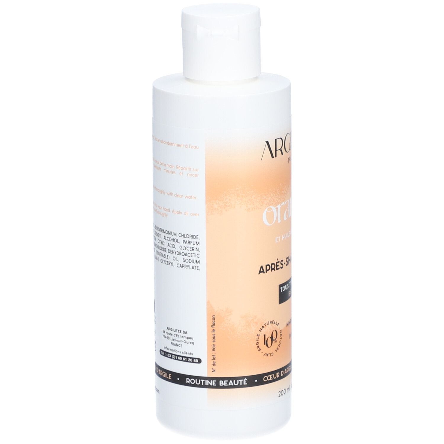 Flacon blanc avec étiquette orange. Inscription: ARGILETZ, orange, Après-shampooing minéral. Ingrédients.