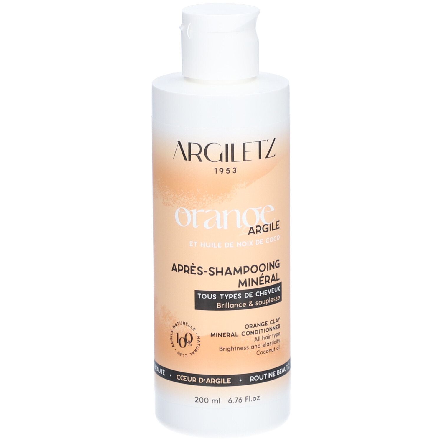 Flacon blanc avec étiquette orange. Inscription: ARGILETZ, orange, Après-shampooing minéral. Pour tous types de cheveux.