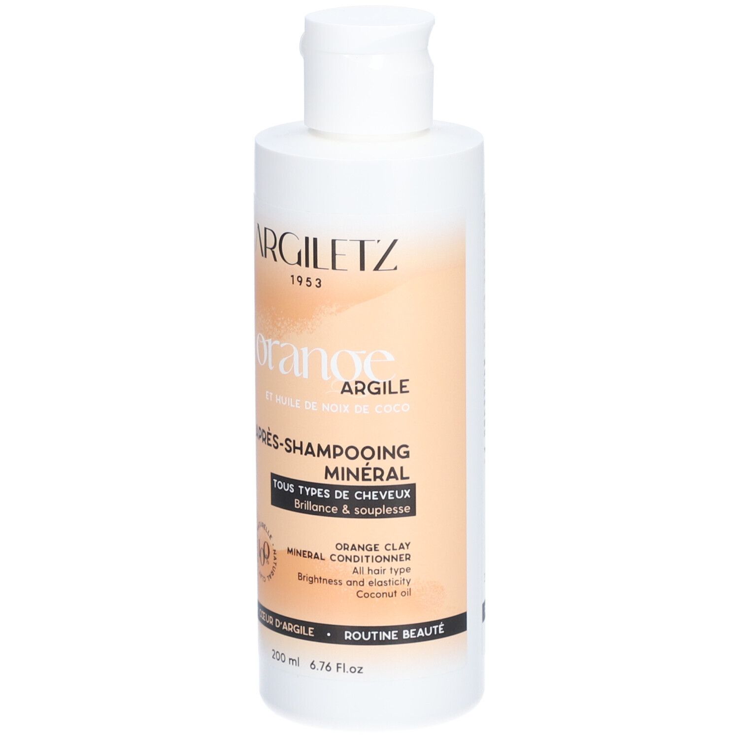 Flacon blanc avec étiquette orange. Inscription: ARGILETZ, orange, Après-shampooing minéral. Pour tous types de cheveux.