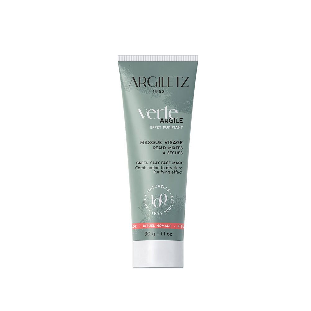 Groene tube met tekst. ARGILETZ, VERTE ARGILE, MASQUE VISAGE, Peaux mixtes à sèches. 30 g.