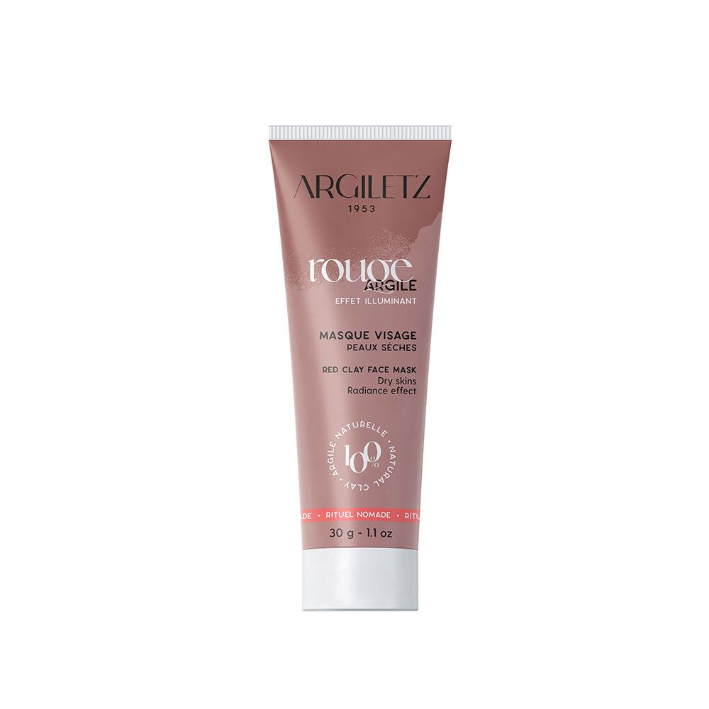 Rode tube met tekst: Rouge Argile, Masque Visage, Peaux Seches, Red Clay Face Mask. Merk Argiletz.
