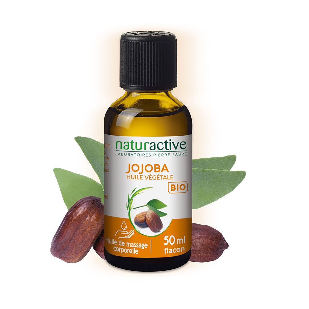 Bruine glazen fles met zwarte dop en etiket. Jojoba-olie, bladeren en zaden. Naturactive Bio.