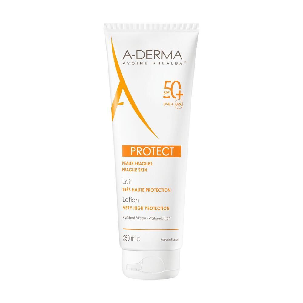 Tube blanche avec bande orange. Texte: A-DERMA, PROTECT, SPF 50+, Lotion. 250 ml. Résistant à l'eau.