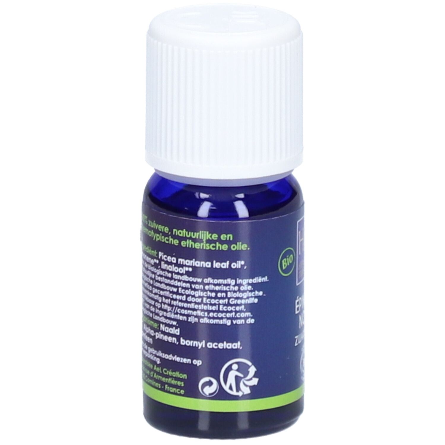 Donkerblauwe glazen fles met witte dop. Etiket met productinformatie, ingrediënten en certificeringen. Bio-keurmerk.
