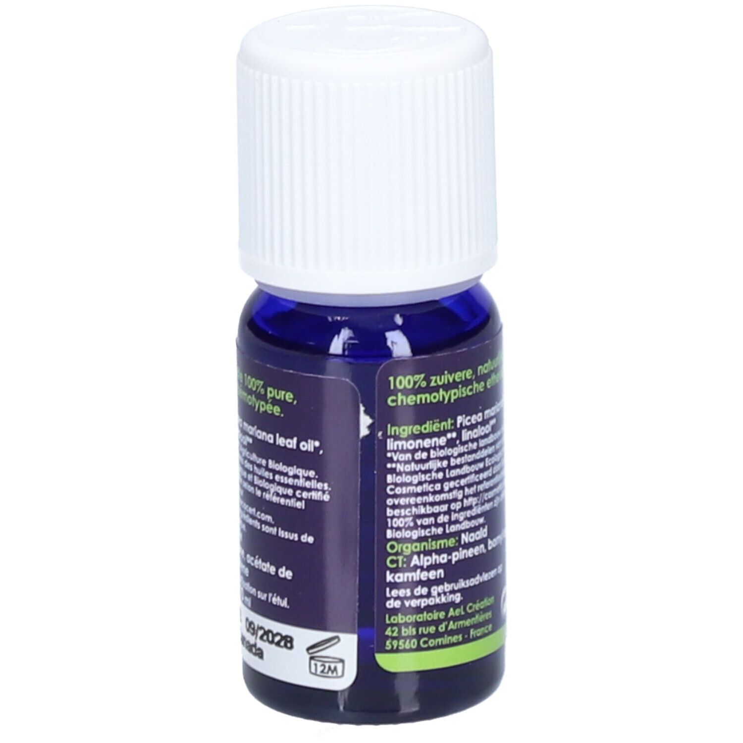 Donkerblauwe glazen fles met witte dop. Etiket met productinformatie, ingrediënten en certificeringen. Bio-keurmerk.