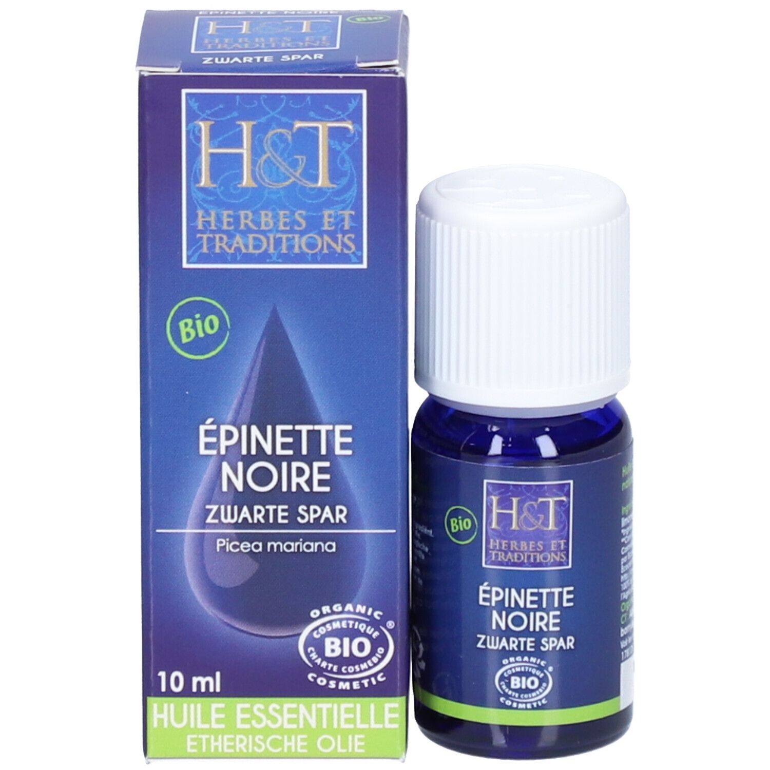 Productfles en verpakking. Donkerblauwe fles met witte dop naast een doos. Opschrift: H&T, Épinette Noire, Bio.