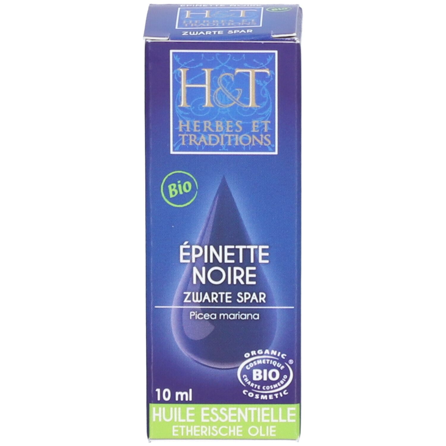 Productverpakking. Blauwe doos met opschrift: H&T, Épinette Noire, Bio. Druppel-illustratie.