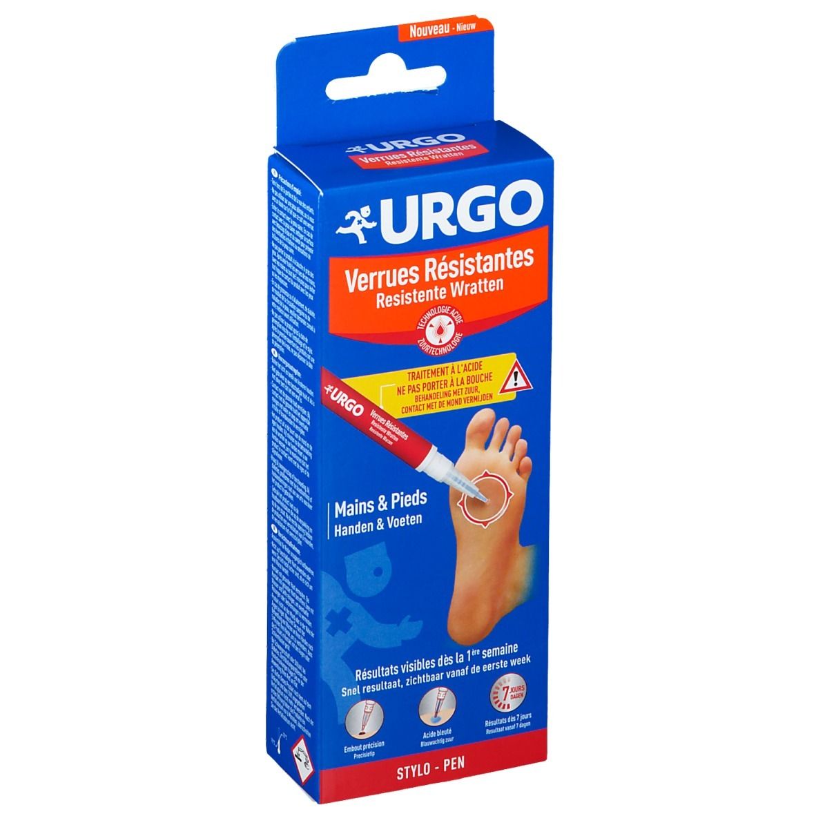 Blauw-witte verpakking met URGO logo, tekst Verrues Résistantes. Voet met wrat, pen-applicator. Tekst Handen & Voeten.