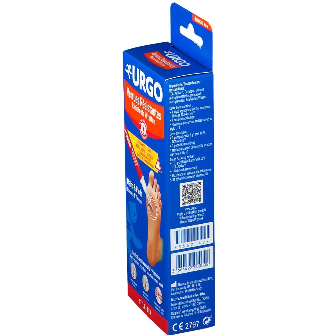 Zijkant blauwe verpakking. URGO logo, tekst Verrues Résistantes. QR-code, ingrediënten, CE-markering. Voet met wrat.