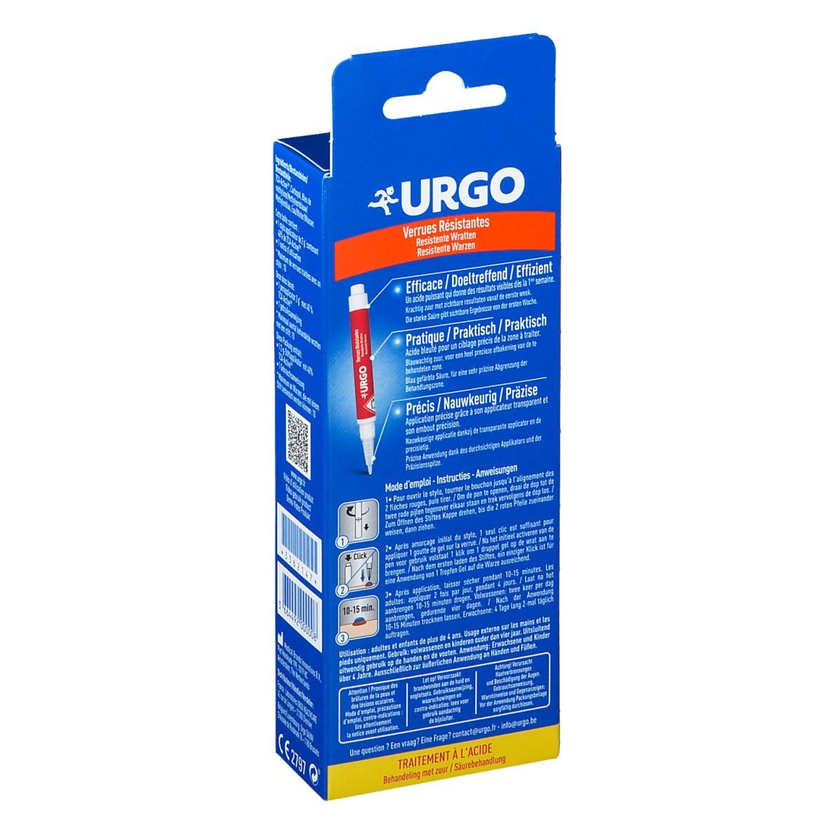 Achterkant blauwe verpakking. URGO logo, tekst Verrues Résistantes. Gebruiksaanwijzing, QR-code, CE-markering.