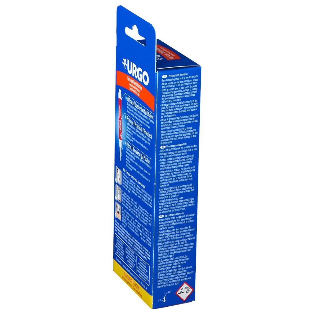 Zijkant blauwe verpakking. URGO logo, tekst Verrues Résistantes. Instructies, waarschuwing, CE-markering.