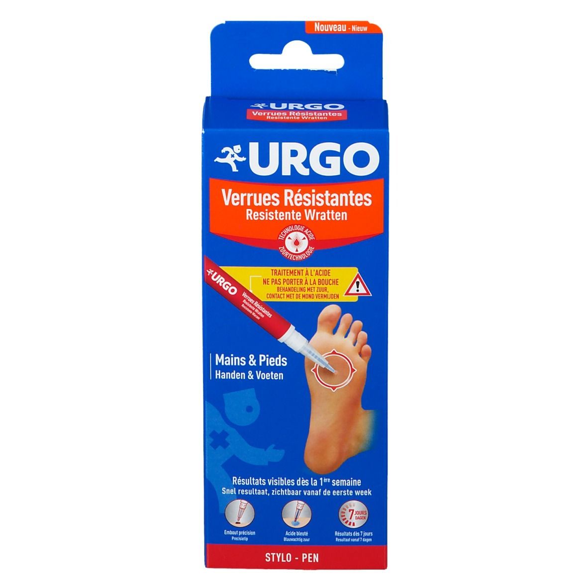 Blauwe verpakking met URGO logo, tekst Verrues Résistantes. Voet met wrat, pen-applicator. Tekst Handen & Voeten. Resultaten in 1 week.