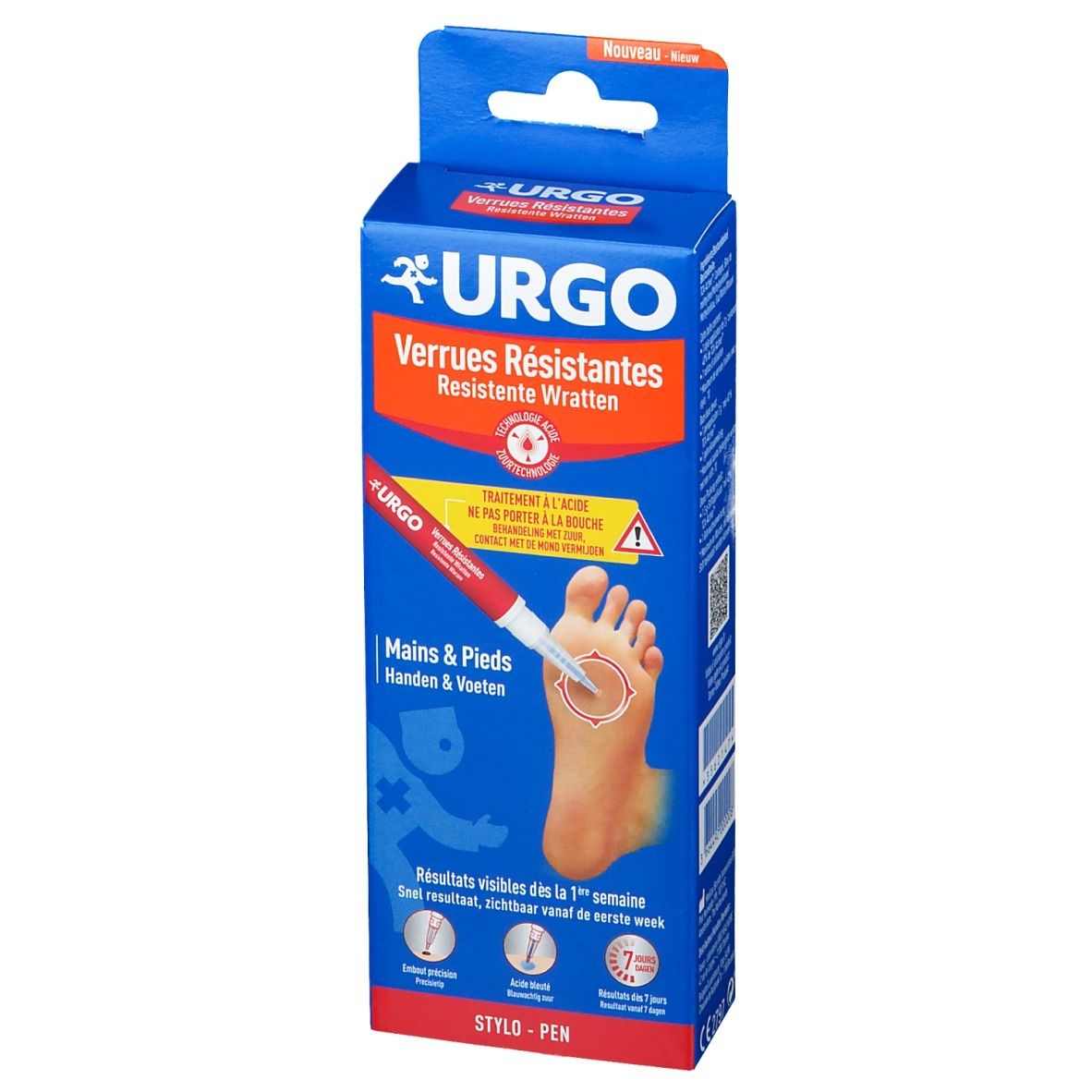 Blauwe verpakking met URGO logo, tekst Verrues Résistantes. Voet met wrat, pen-applicator. Tekst Handen & Voeten. Resultaten in 1 week.