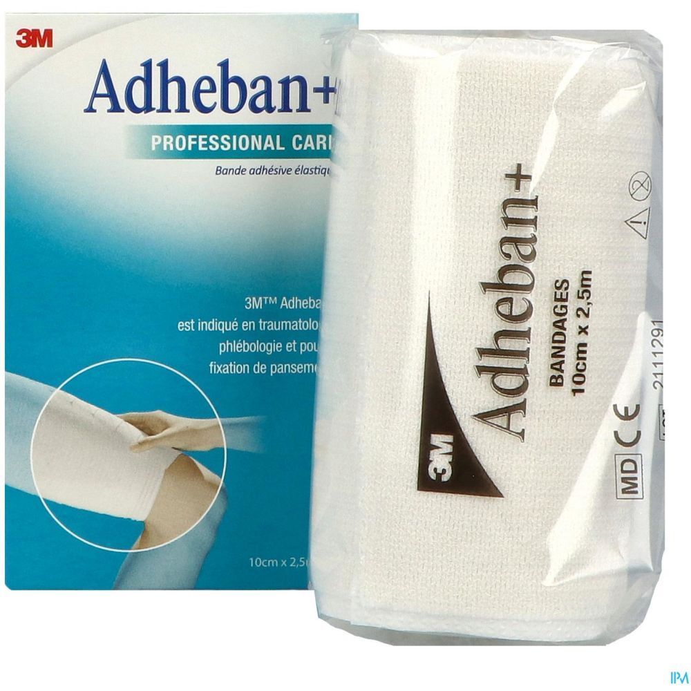 Emballage et bandage 3M Adheban+. Emballage bleu et blanc. Bandage en film. Texte: Bandages, 10cm x 2,5m.