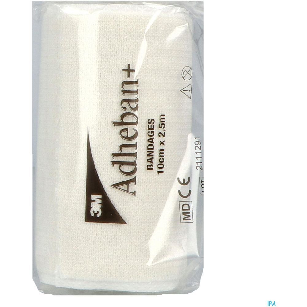 Pansement 3M Adheban+ emballé. Bandage blanc dans un emballage transparent. Texte: Bandages, 10cm x 2,5m.