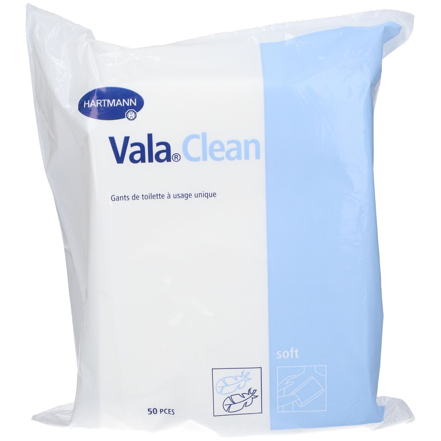 Emballage de gants de toilette HARTMANN Vala® Clean Soft. 50 pièces. Emballage bleu et blanc avec nom du produit.