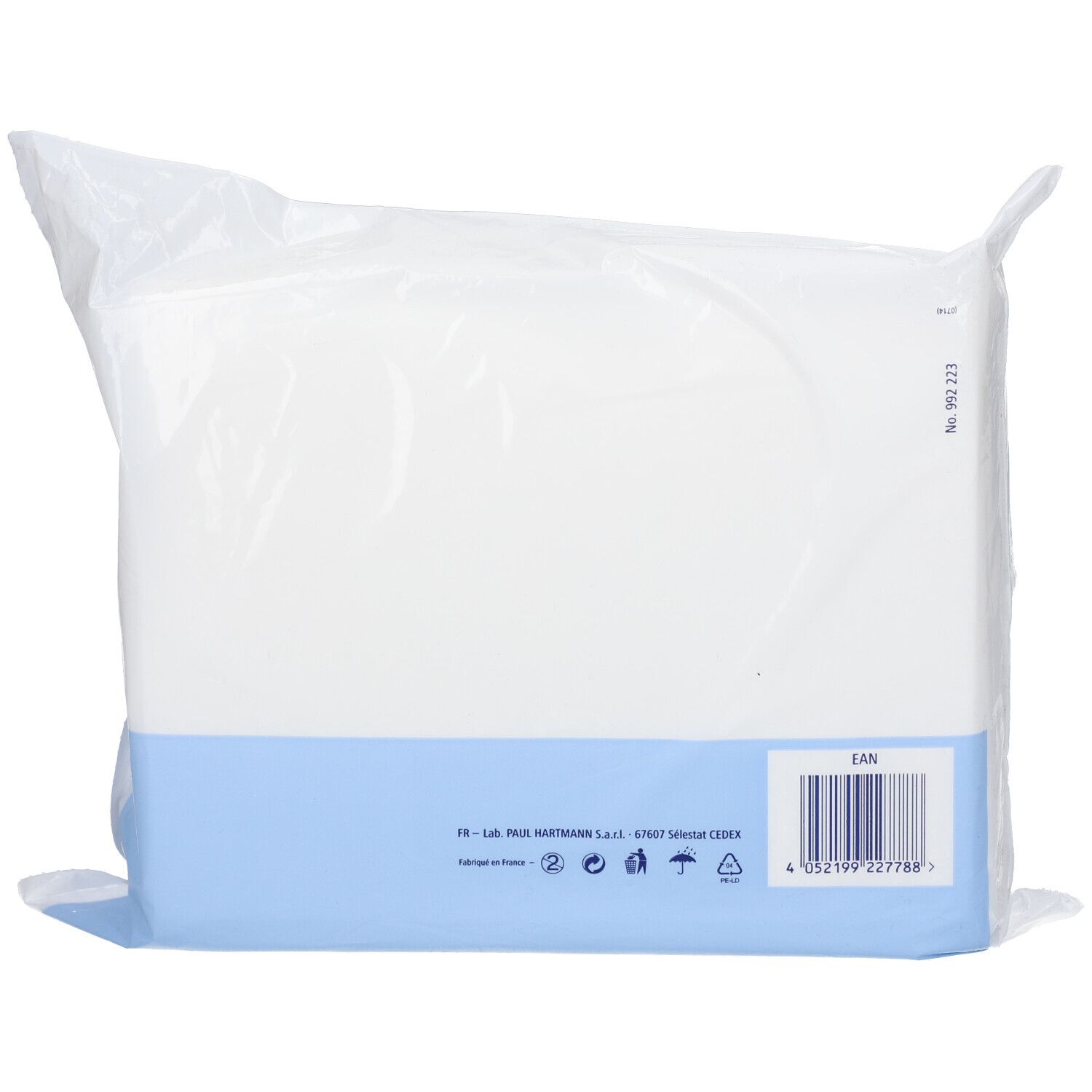 Dos de l'emballage des gants de toilette HARTMANN Vala® Clean Soft. Code-barres et informations sur le produit.