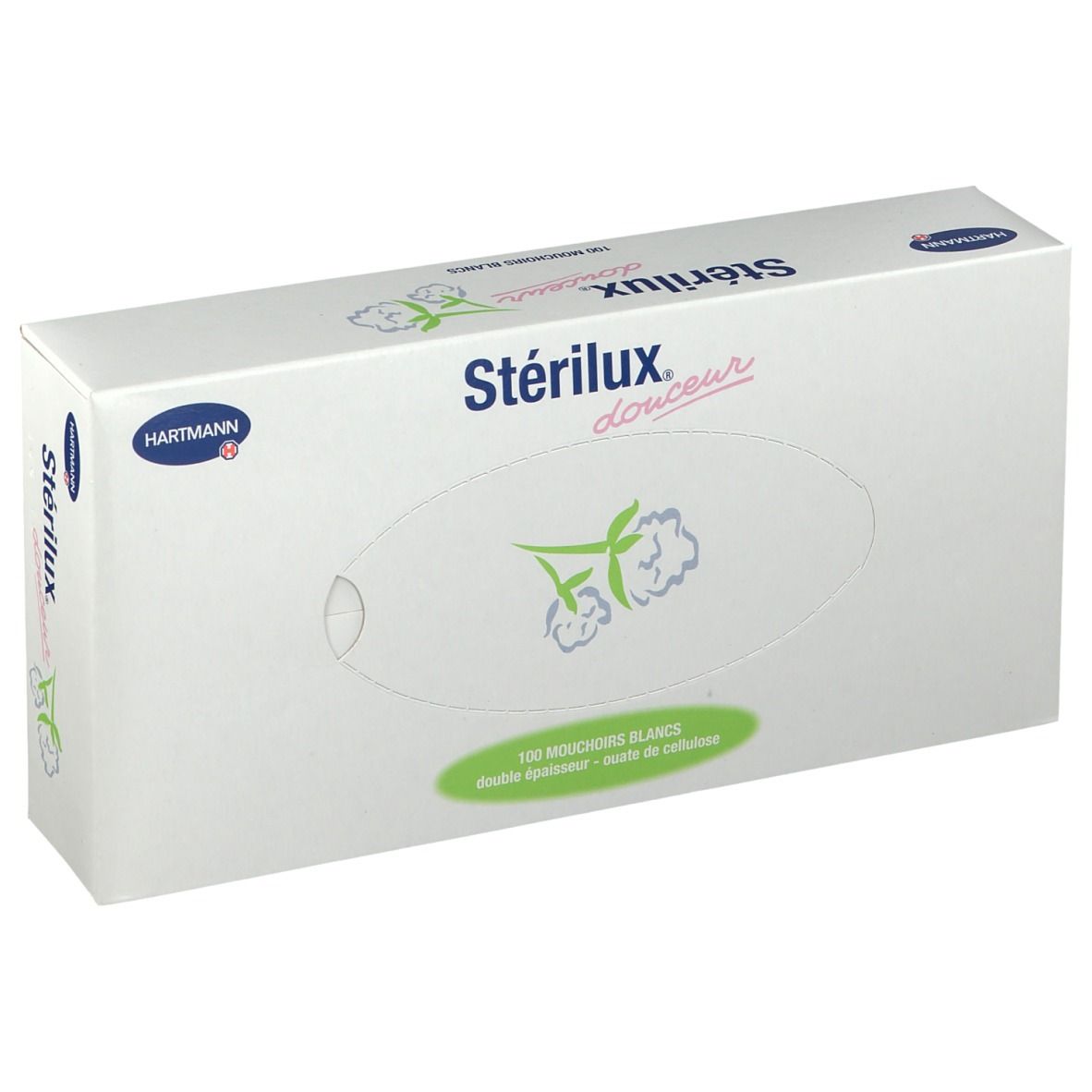 Boîte en carton blanche avec l'inscription « Stérilux douceur ». Un logo Hartmann est imprimé sur l'emballage.