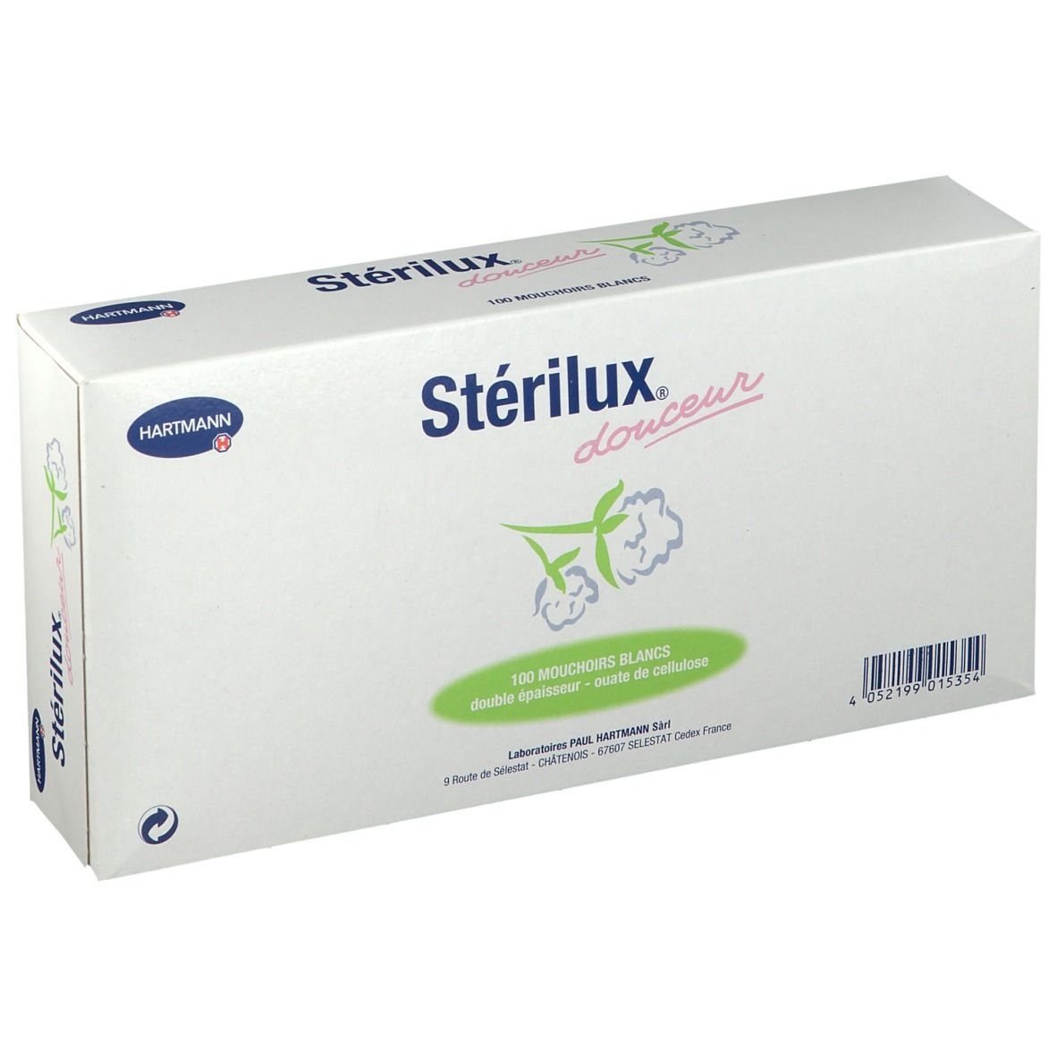 Boîte en carton blanche avec l'inscription « Stérilux douceur ». Un logo Hartmann est imprimé sur l'emballage.