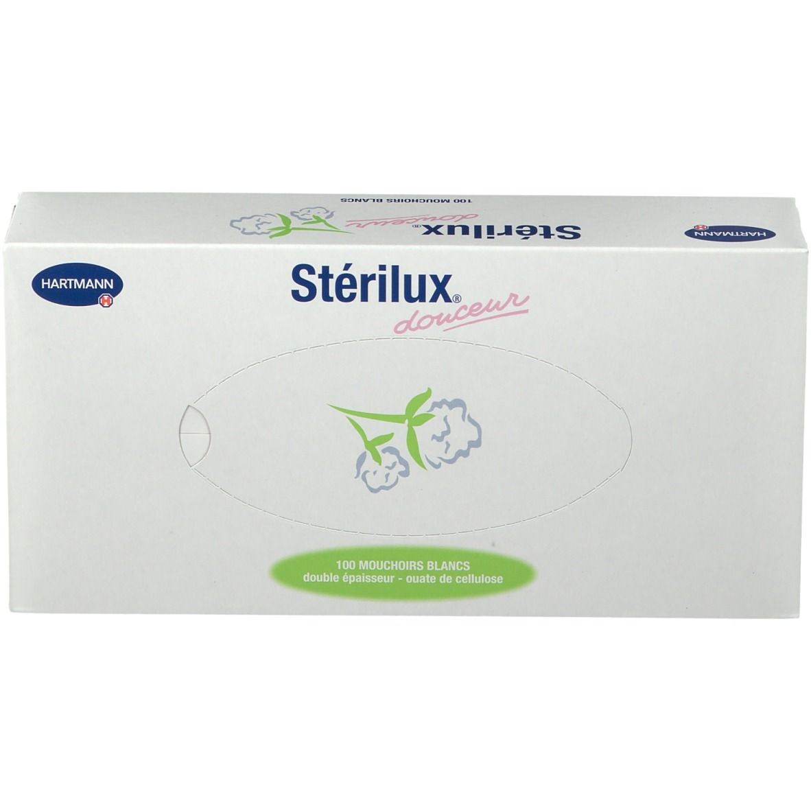 Boîte en carton blanche avec l'inscription « Stérilux douceur ». Un logo Hartmann est imprimé sur l'emballage.