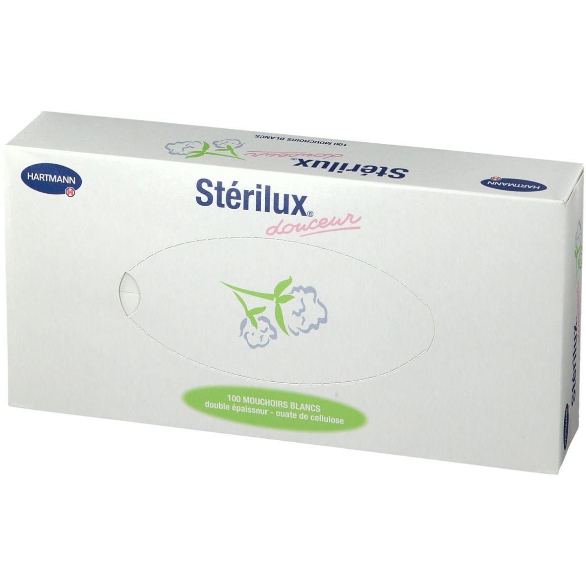 Boîte en carton blanche avec l'inscription « Stérilux douceur ». Un logo Hartmann est imprimé sur l'emballage.