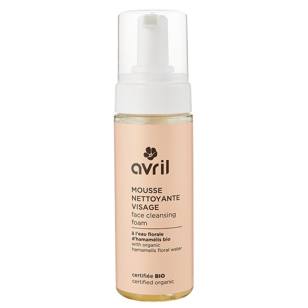 Mousse nettoyante visage avril, certifié bio. Flacon beige avec pompe blanche. Inscription: Mousse nettoyante visage, eau florale.