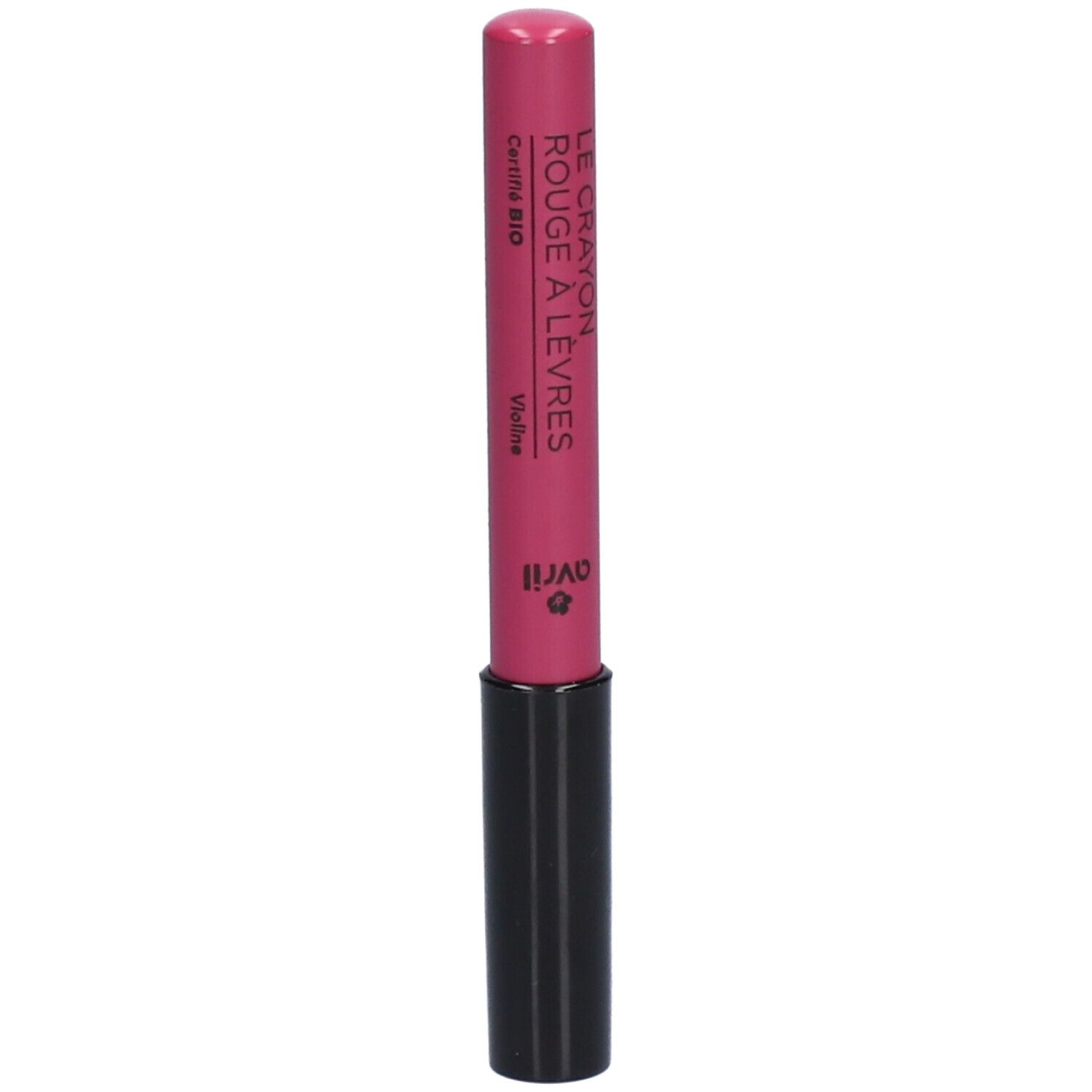 Roze lippenpotlood met zwarte schacht. Opschriften: Avril, Le Crayon Rouge à Lèvres, Certifié Bio, Violet.