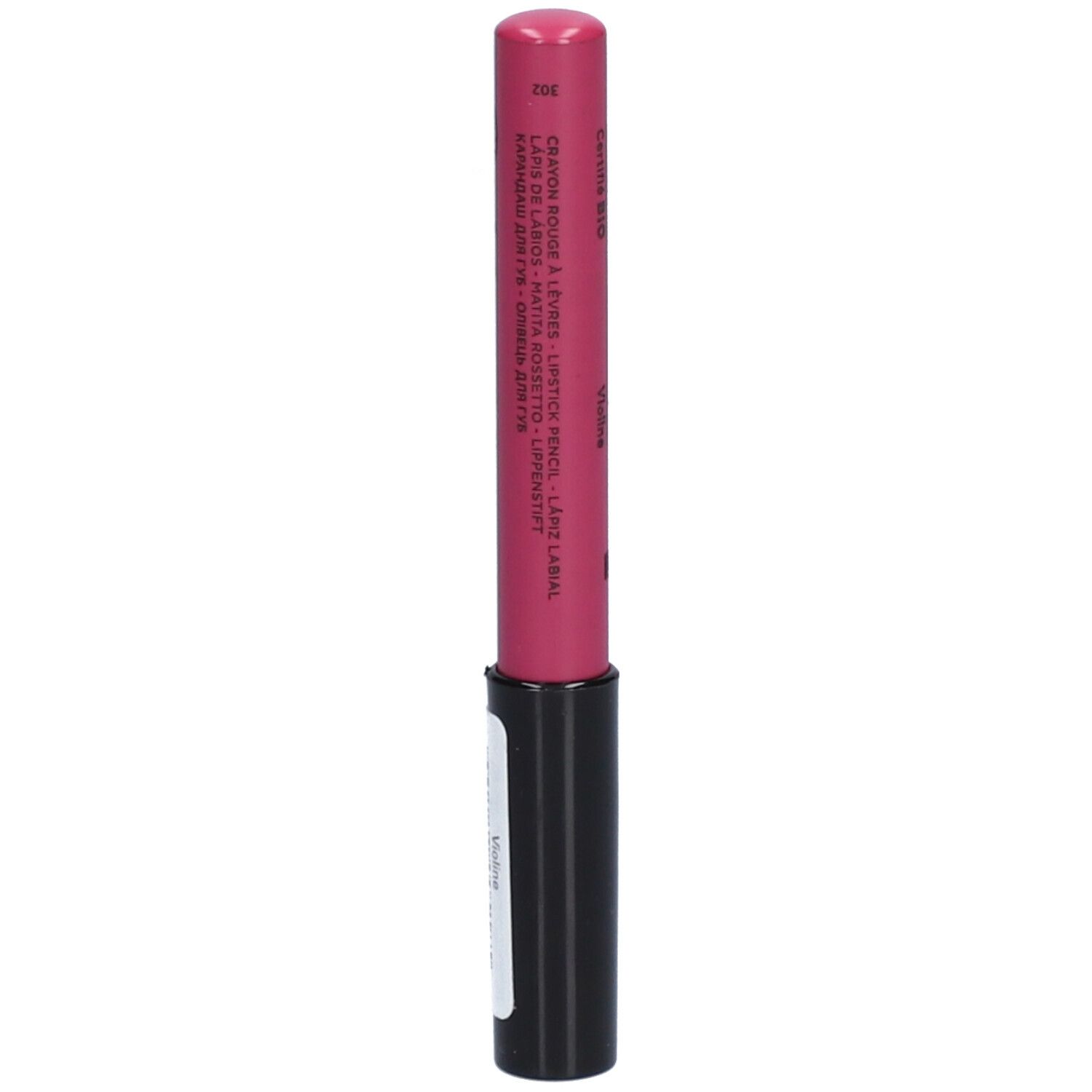 Roze lippenpotlood met zwarte schacht. Opschriften: Crayon Rouge à Lèvres, 382, Violet.