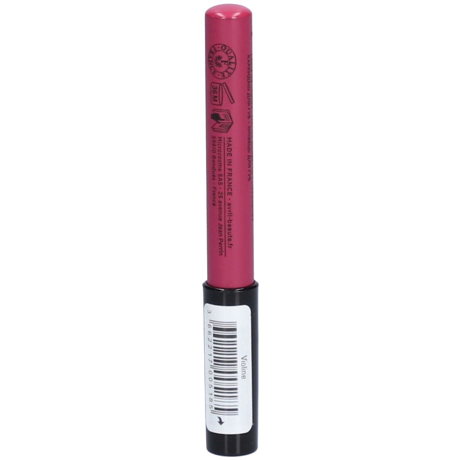 Roze lippenpotlood met zwarte schacht. Sticker met informatie en barcode. Opschrift: Violet.