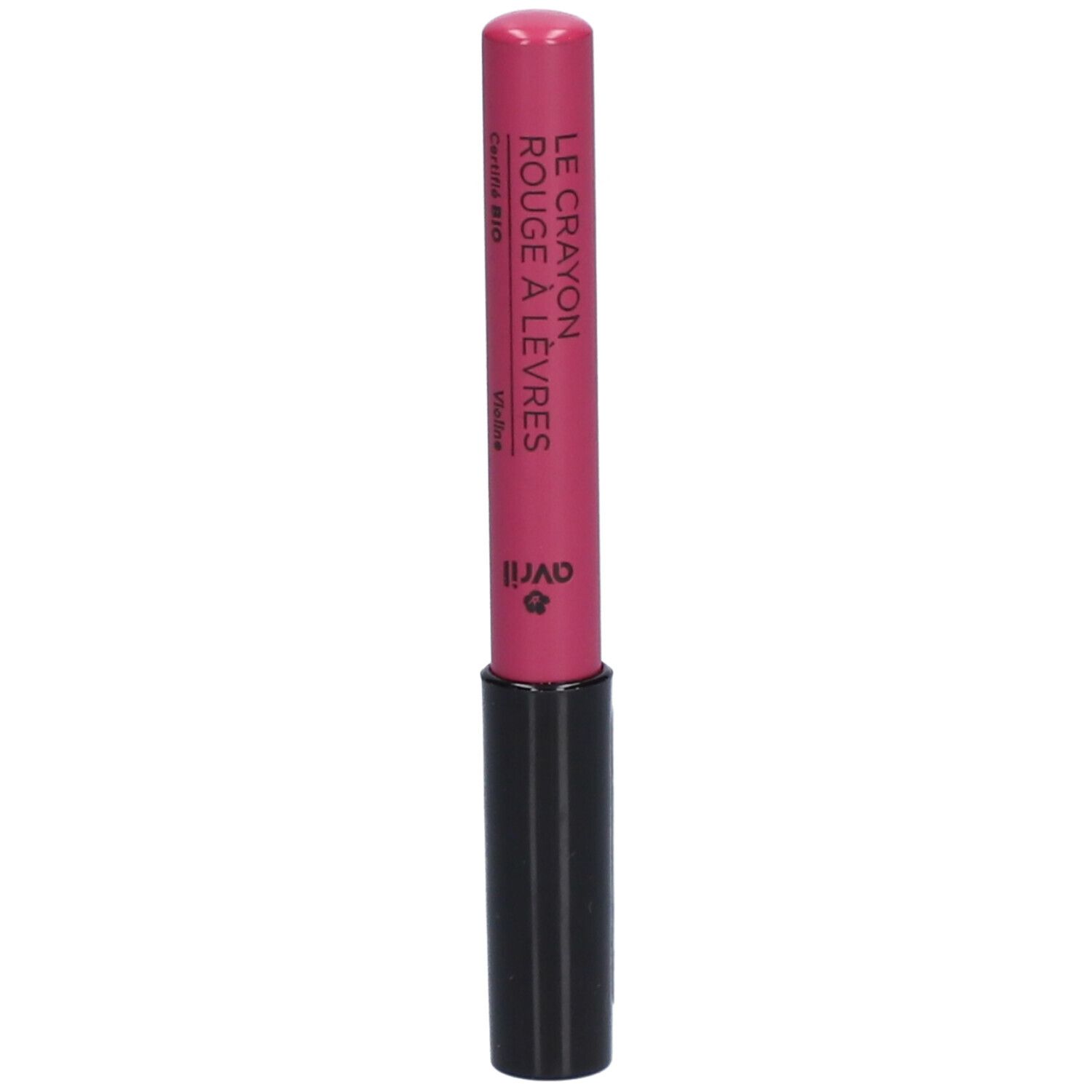 Roze lippenpotlood met zwarte schacht. Opschriften: Avril, Le Crayon Rouge à Lèvres, Certifié Bio, Violet.