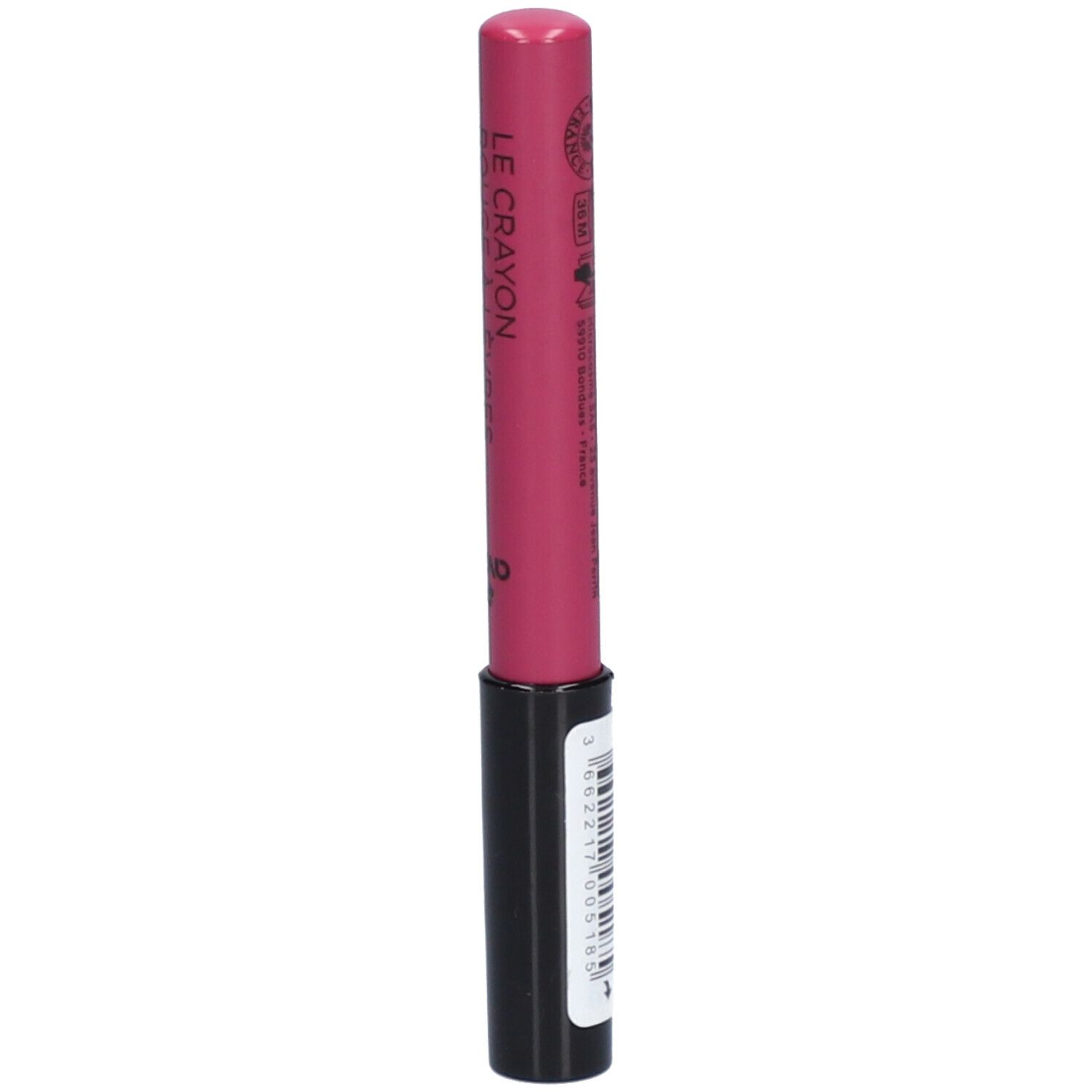 Roze lippenpotlood met zwarte schacht. Sticker met informatie en barcode. Opschrift: Violet.