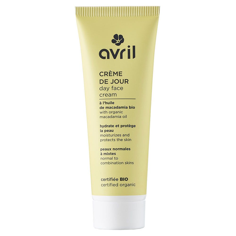 Gele tube met "Avril" logo en tekst: "Crème de Jour", "Day Face Cream". Gecertificeerd biologisch product. Met macadamia-olie.