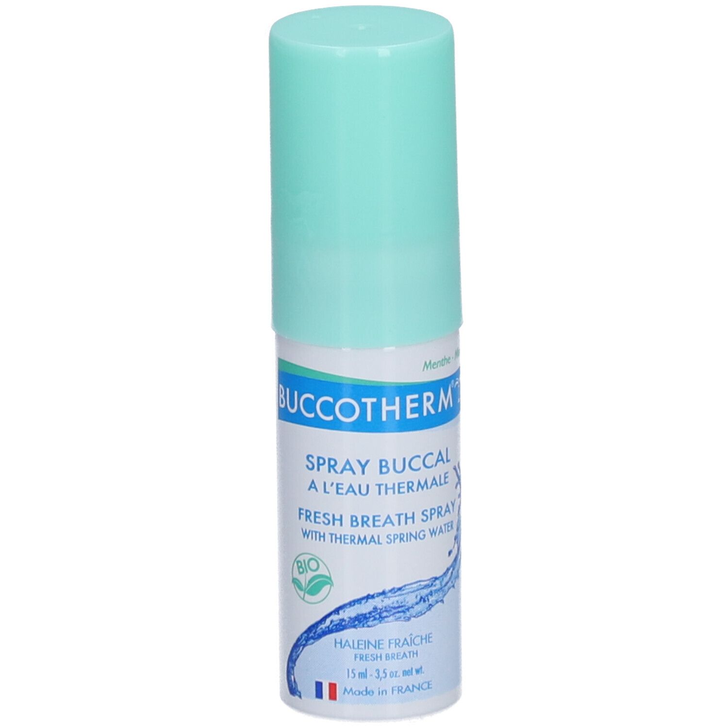 Flacon spray avec bouchon vert clair. Inscription: Buccotherm, Spray buccal à l'eau thermale, Fresh Breath Spray, label BIO, Made in France.