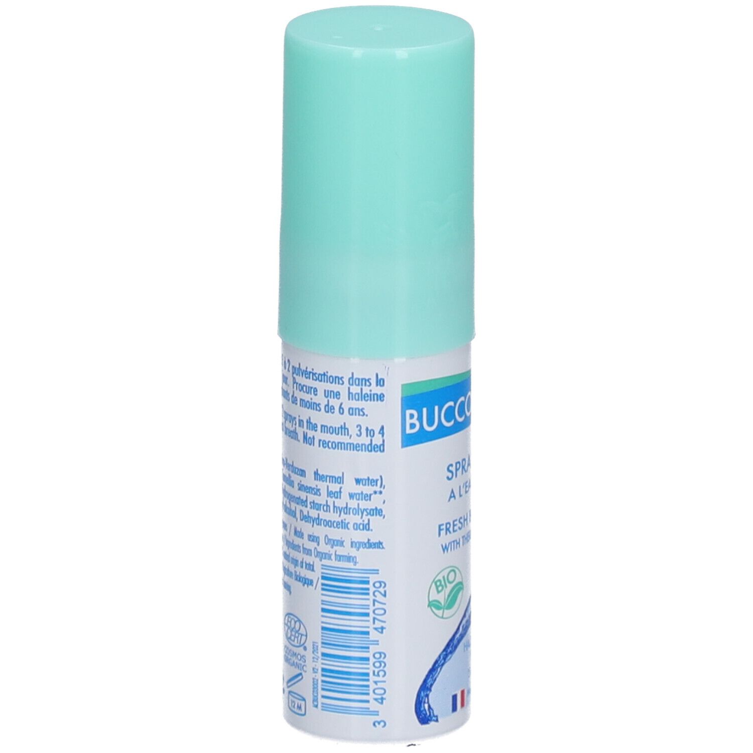 Dos du flacon spray. Texte: Buccotherm, Spray buccal à l'eau thermale, ingrédients, mode d'emploi, label BIO, numéro de lot, code-barres.