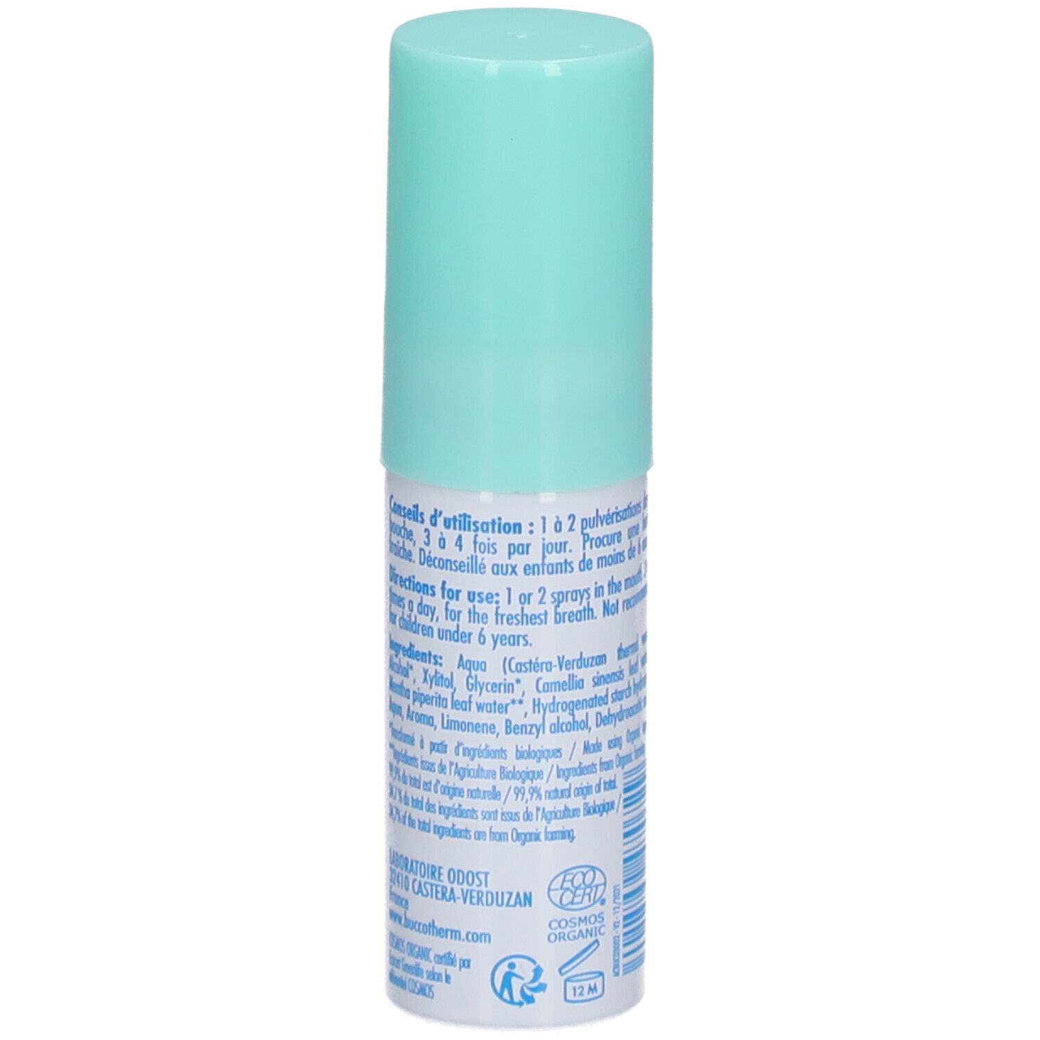 Dos du flacon spray. Texte: Mode d'emploi, ingrédients, label COSMOS ORGANIC, 12 ml.