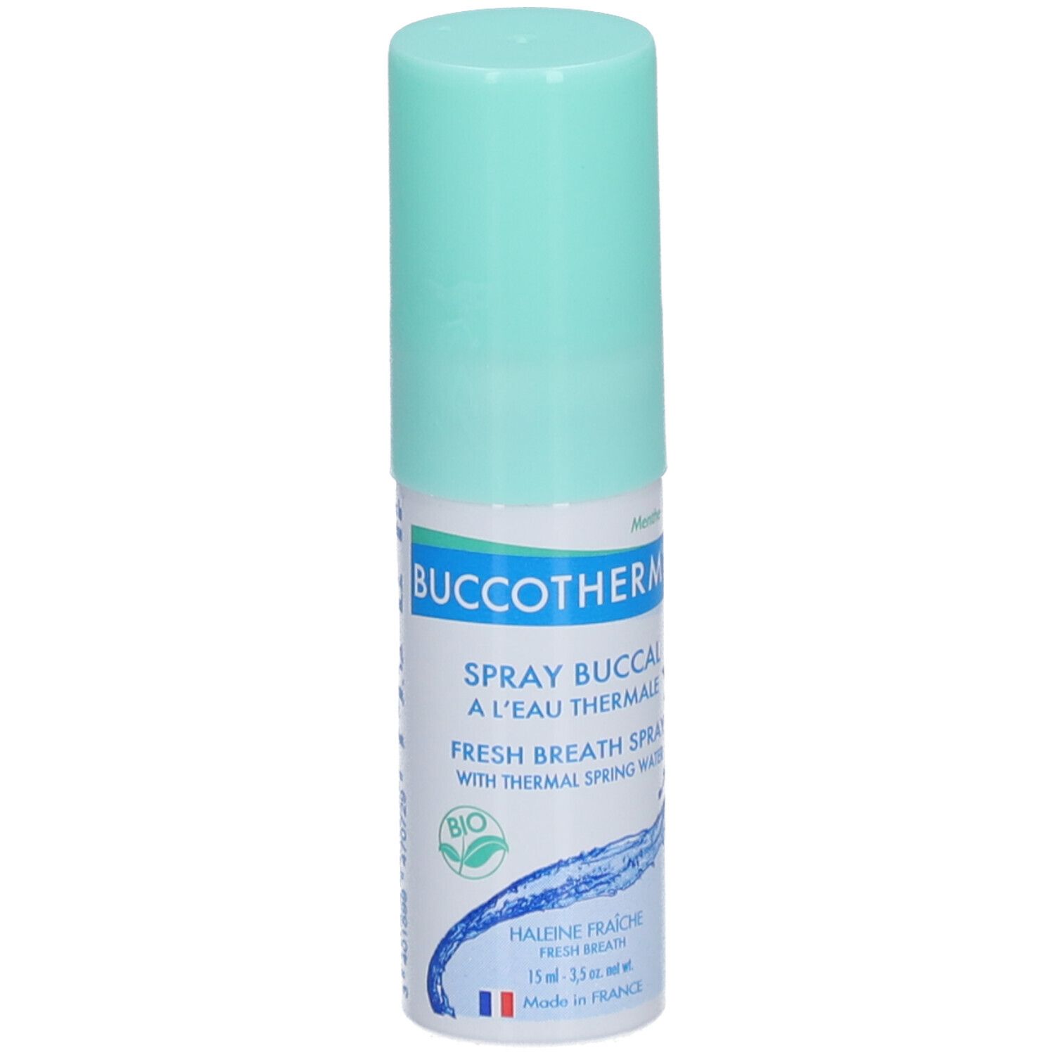 Flacon spray avec bouchon vert clair. Inscription: Buccotherm, Spray buccal à l'eau thermale, Fresh Breath Spray, label BIO, Made in France.