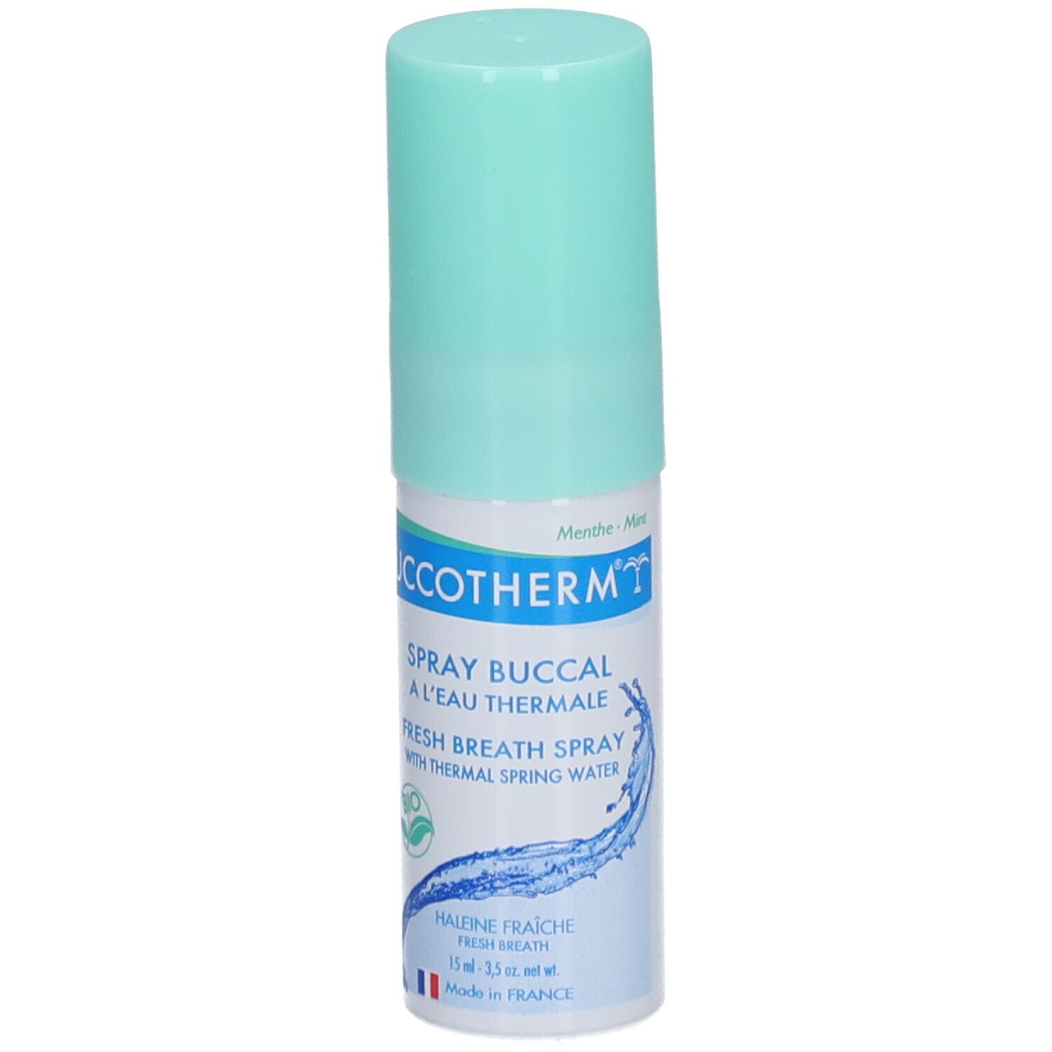 Flacon spray avec bouchon vert clair. Inscription: Buccotherm, Spray buccal à l'eau thermale, Fresh Breath Spray, label BIO, Made in France.