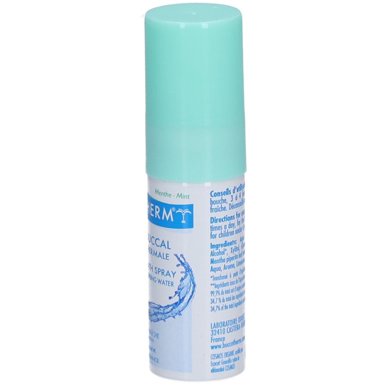 Dos du flacon spray. Texte: Mode d'emploi, ingrédients, label COSMOS ORGANIC, 12 ml.