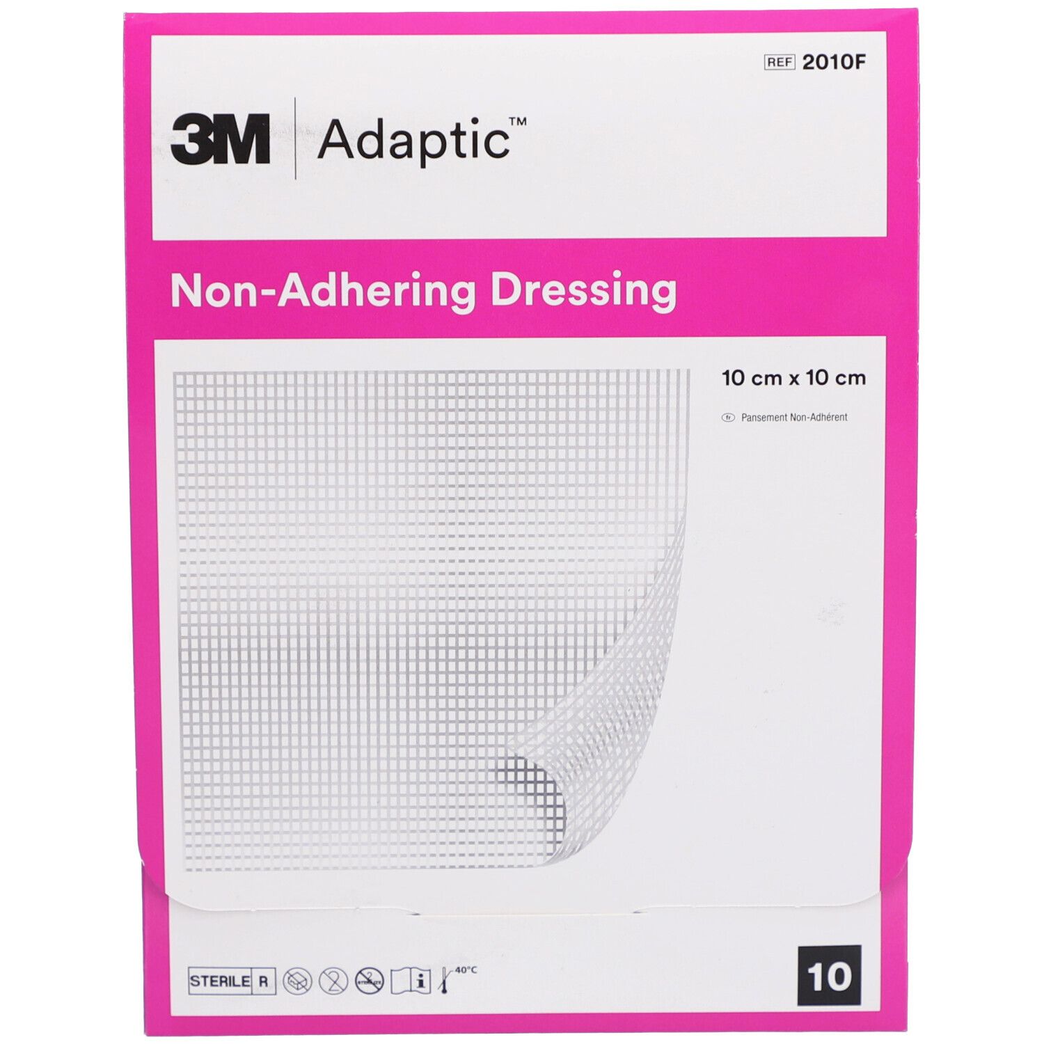 Verpakking van 3M Adaptic verband. Roze en wit. Opschrift: Non-Adhering Dressing, 10 cm x 10 cm. 10 stuks.