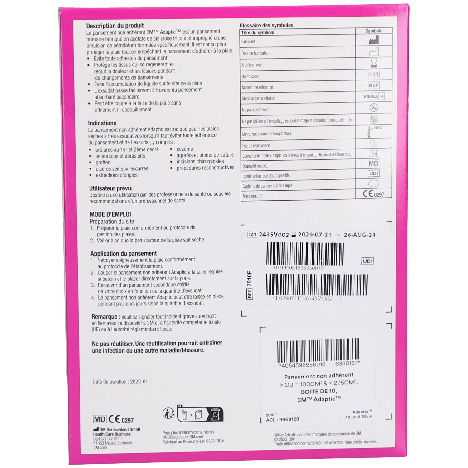 Achterkant van de verpakking van 3M Adaptic. Franse tekst. Bevat informatie, symbolen en batchnummer. Roze achtergrond.