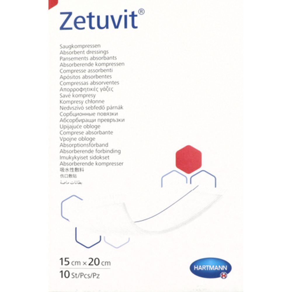 Zetuvit® absorberende kompressen. 15 x 20 cm. 10 stuks. Hartmann-logo. Meertalige productnamen.