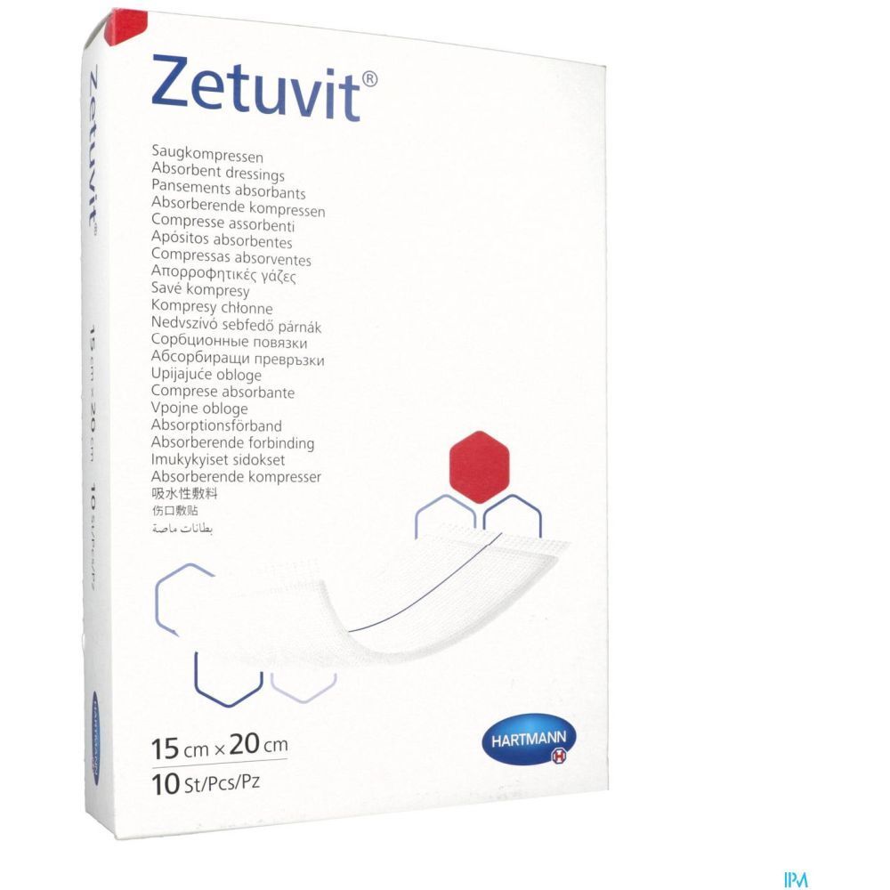 Verpakking Zetuvit® absorberende kompressen. 15 x 20 cm. 10 stuks. Hartmann-logo. Meertalig.