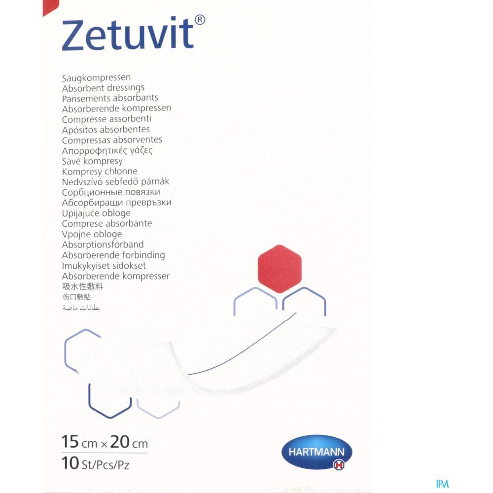 Zetuvit® absorberende kompressen. 15 x 20 cm. 10 stuks. Hartmann-logo. Meertalige productnamen.