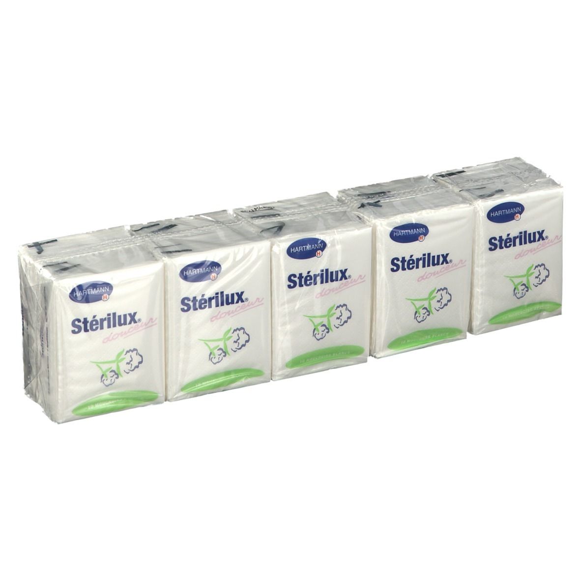 Vijf pakjes Sterilux zakdoeken. Blauwe verpakking met logo en productnaam. Katoen illustratie.