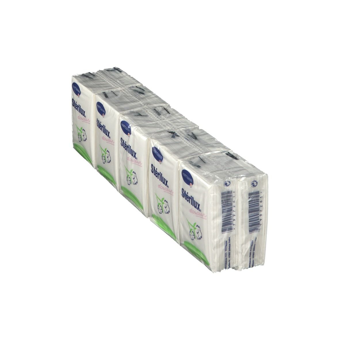 Meerdere pakjes Sterilux zakdoeken verpakt in folie. Blauwe verpakking met logo en productnaam.