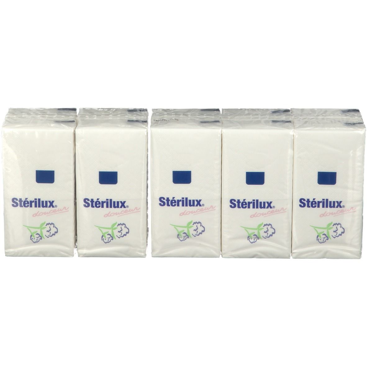 Cinq paquets de mouchoirs blancs, carré bleu et texte. Emballés individuellement dans du film plastique.