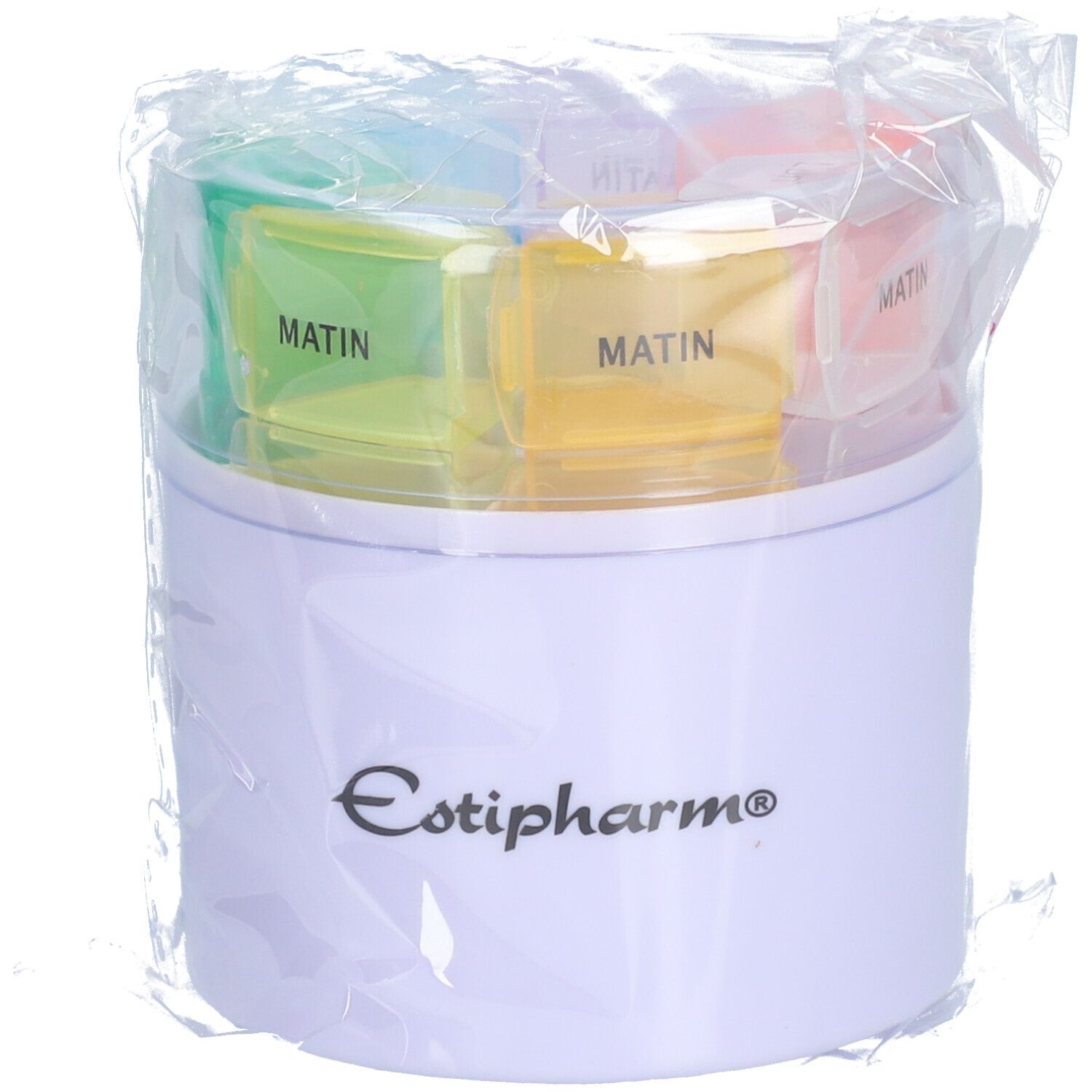 Ronde pillendoos, verpakt. Gekleurde vakken met "MATIN". Merk "Estipharm" zichtbaar.