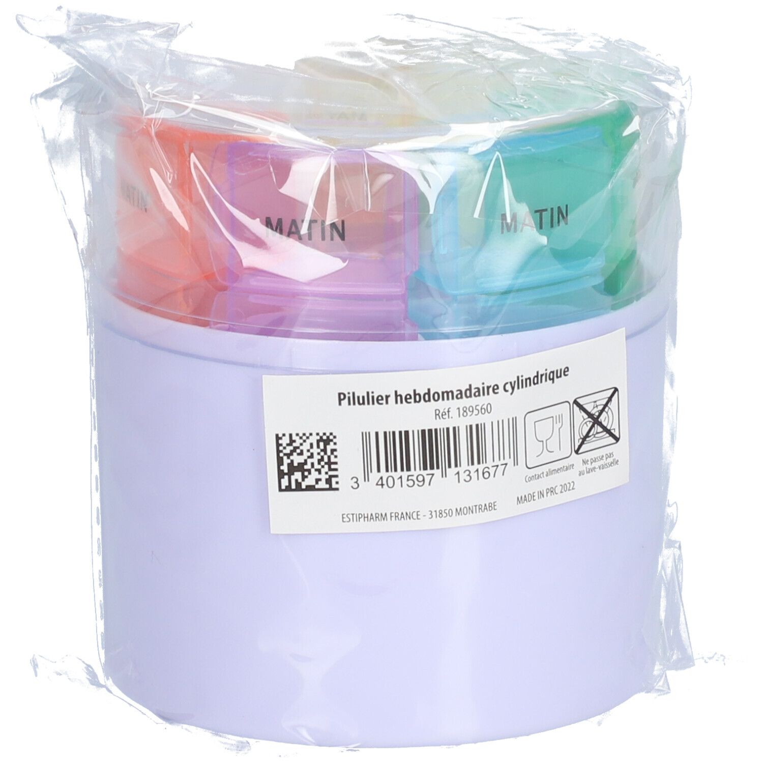 Cilindrische pillendoos, verpakt. Label met barcode en tekst. Opschrift "Pilulier hebdomadaire".