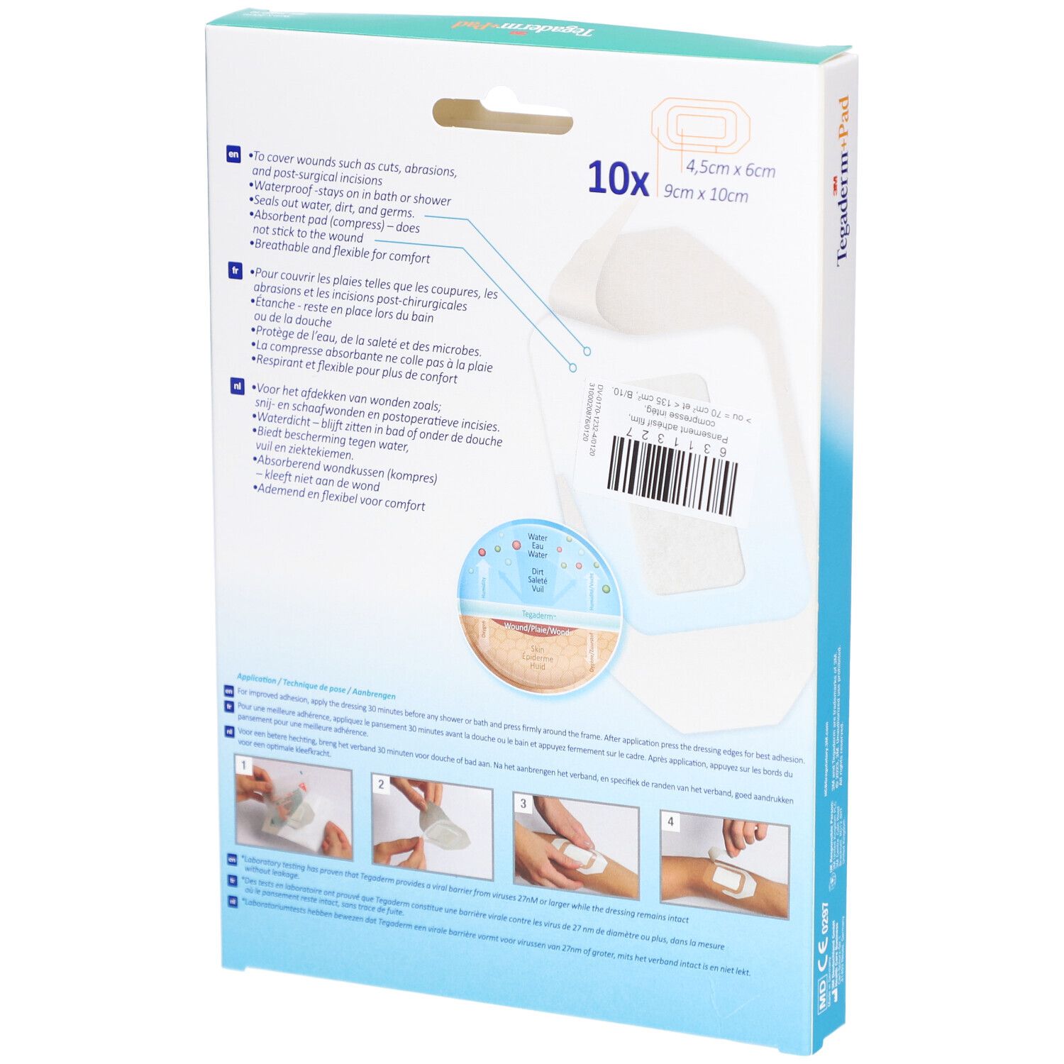 3M Tegaderm™ + Pad Filmverband met niet-verklevend kompres, steriel, 9 cm x 10 cm