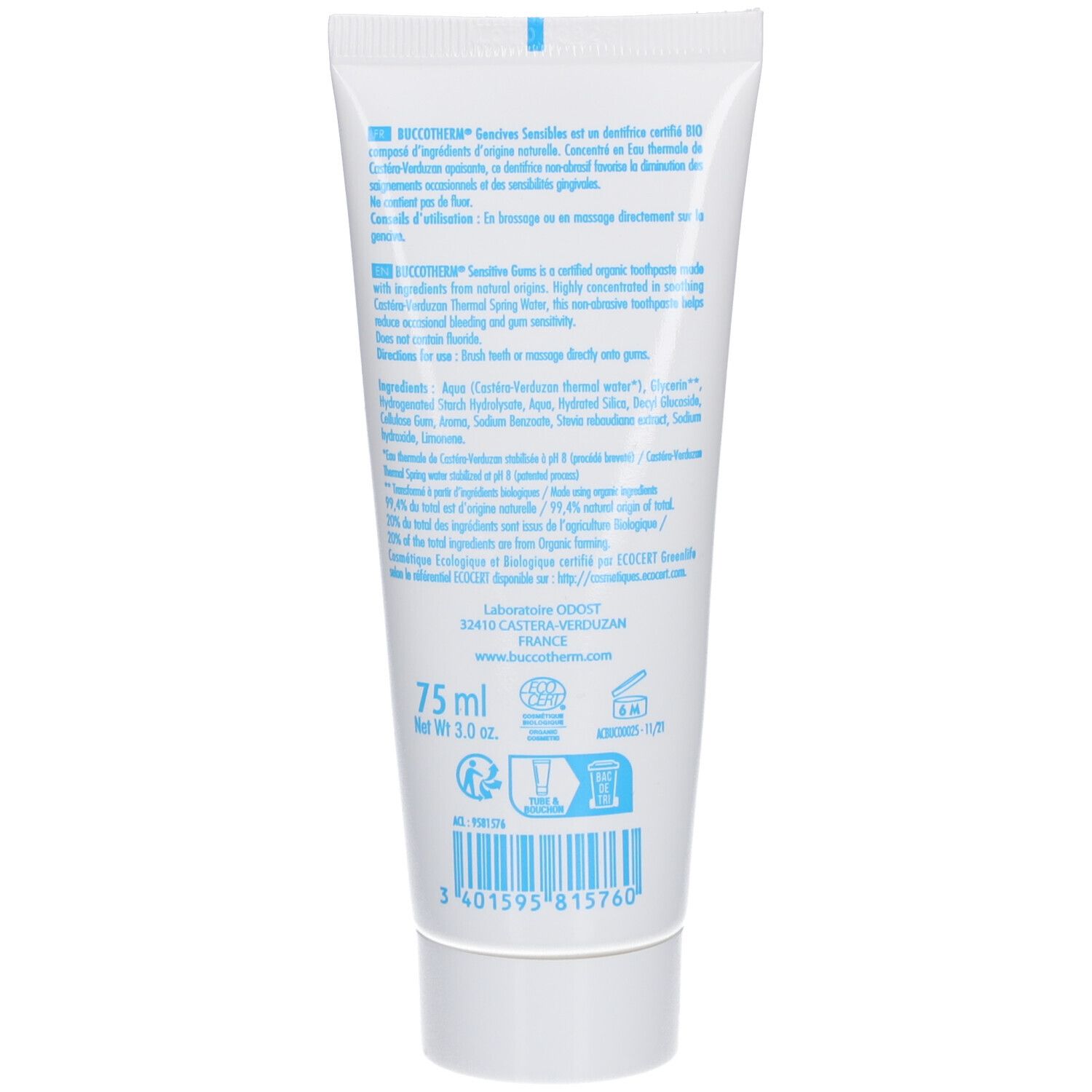 Dos du tube de gel dentaire. Texte multilingue. Contient des informations sur les ingrédients et le fabricant. Volume: 75 ml.